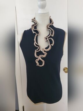Sleeveless Black Top with Beige Ruffle Trim